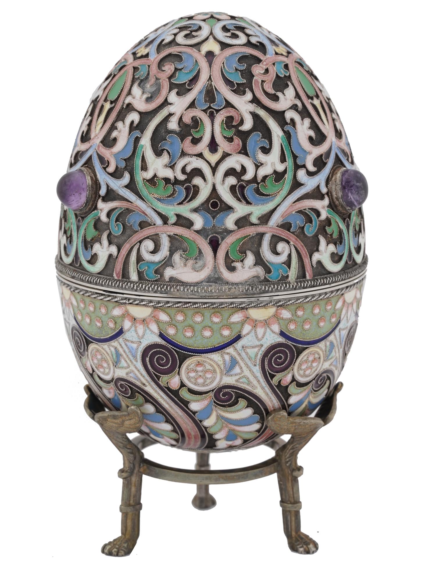 LARGE RUSSIAN SILVER ENAMEL EGG CASKET WITH STAND PIC-3